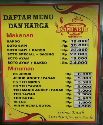 Menu bakso sami asih